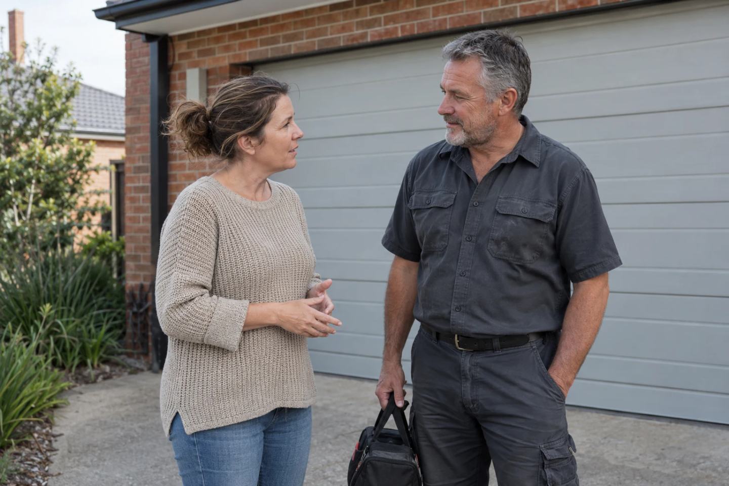 Homeowner talking with a tradesperson outside a closed sectional garage door.