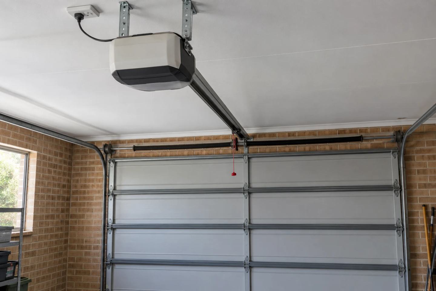 Ceiling-mounted garage door opener and rail inside a garage with the door closed.