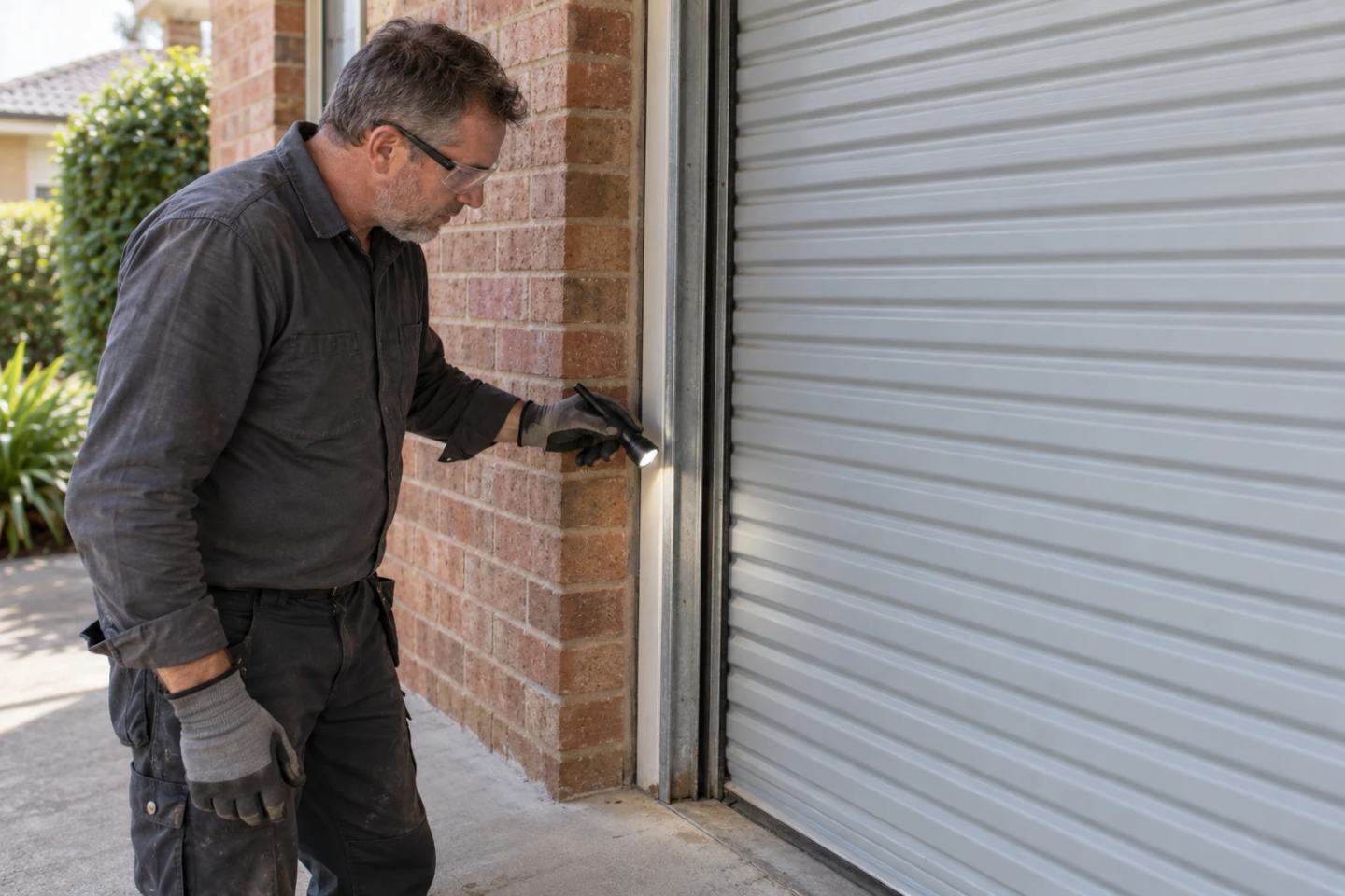 Technician visually checking the side track of a fully closed roller garage door.
